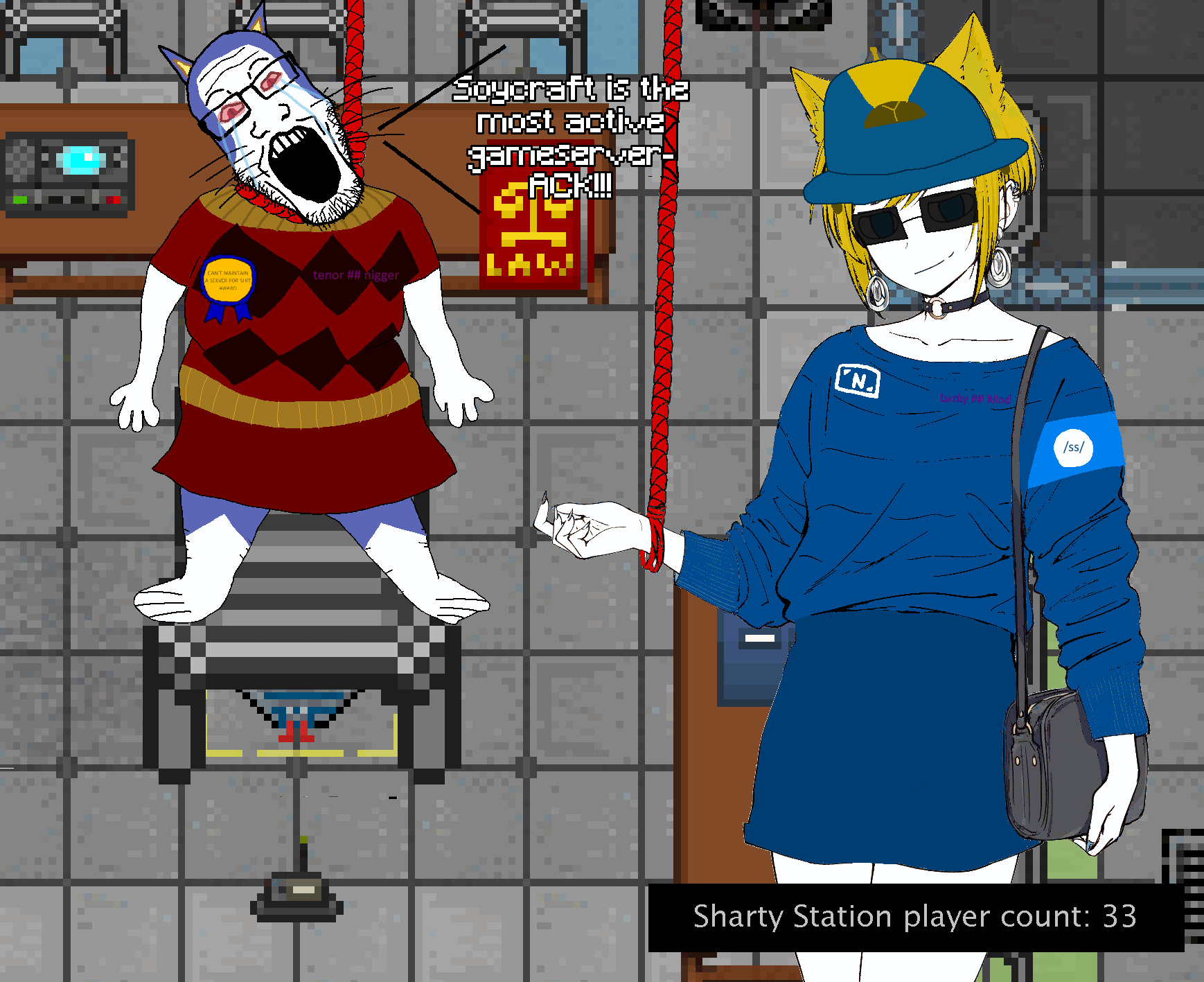 award bag bald bloodshot_eyes crying eyes furry glasses hanging lucky_(user) minecraft mod open_mouth rover_(animal_crossing) skirt soycraft soyjak soyjak_party space_station_13 ss13 stubble tenor_(user) tranny variant:markiplier_soyjak // 1738x1417 // 466.8KB