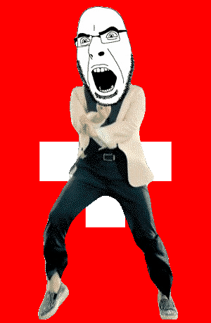 angry animated country cross dance flag flag:switzerland full_body gangnam_style glasses irl open_mouth soyjak stubble switzerland variant:cobson // 300x460 // 505.4KB