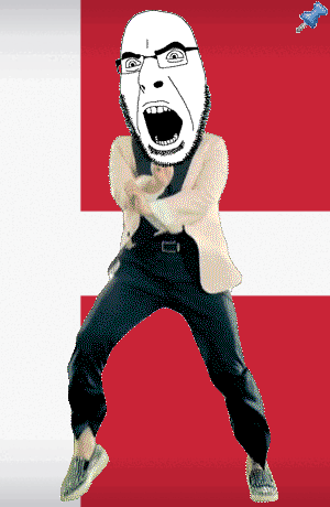 animated country dance denmark flag flag:denmark full_body gangnam_style glasses irl open_mouth push_pin soyjak sticky stubble variant:cobson // 300x460 // 531.2KB