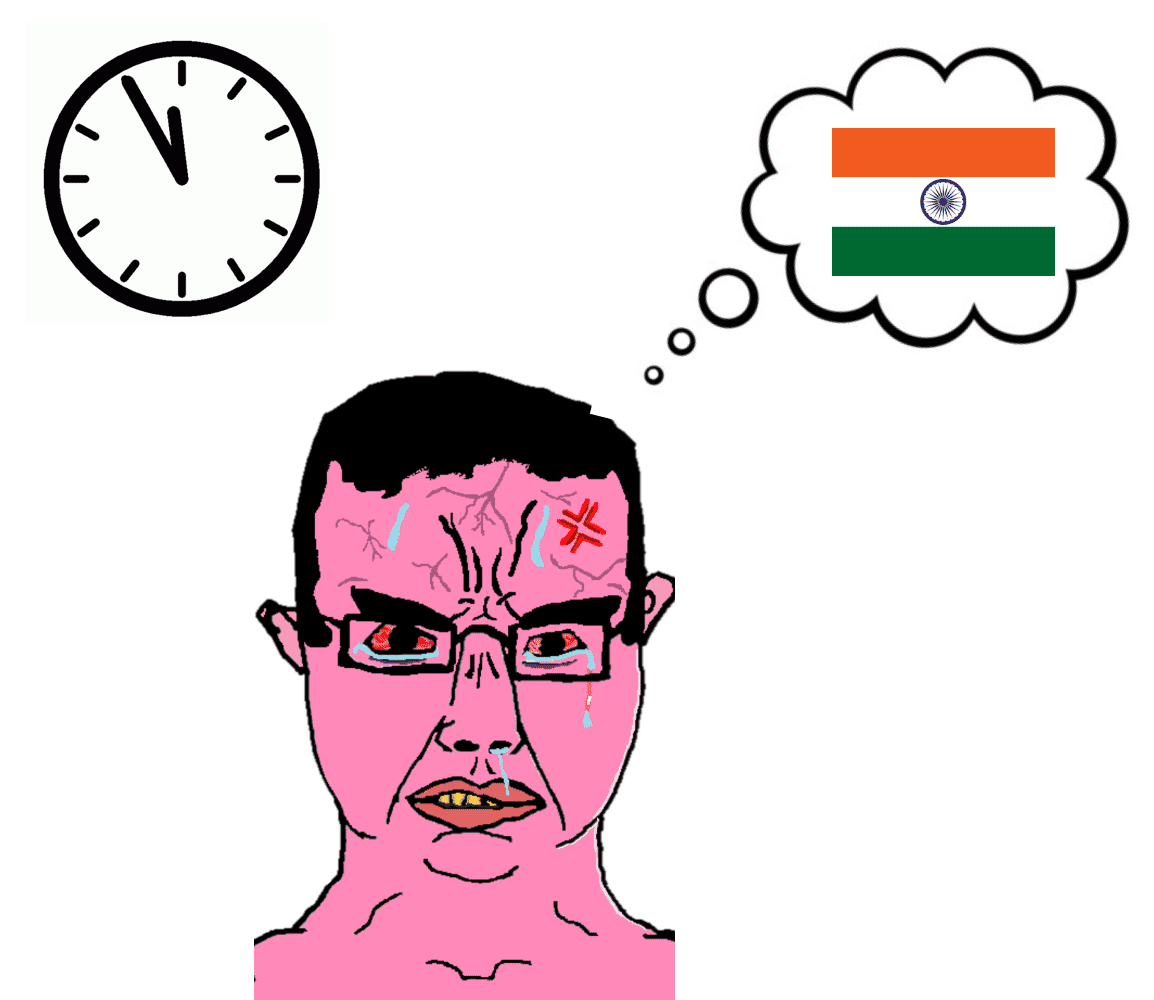 animated clock crying flag flag:india glasses india pink_skin seethe soyjak subvariant:chudjak_front teeth thought_bubble variant:chudjak yellow_teeth // 1154x1000 // 224.9KB