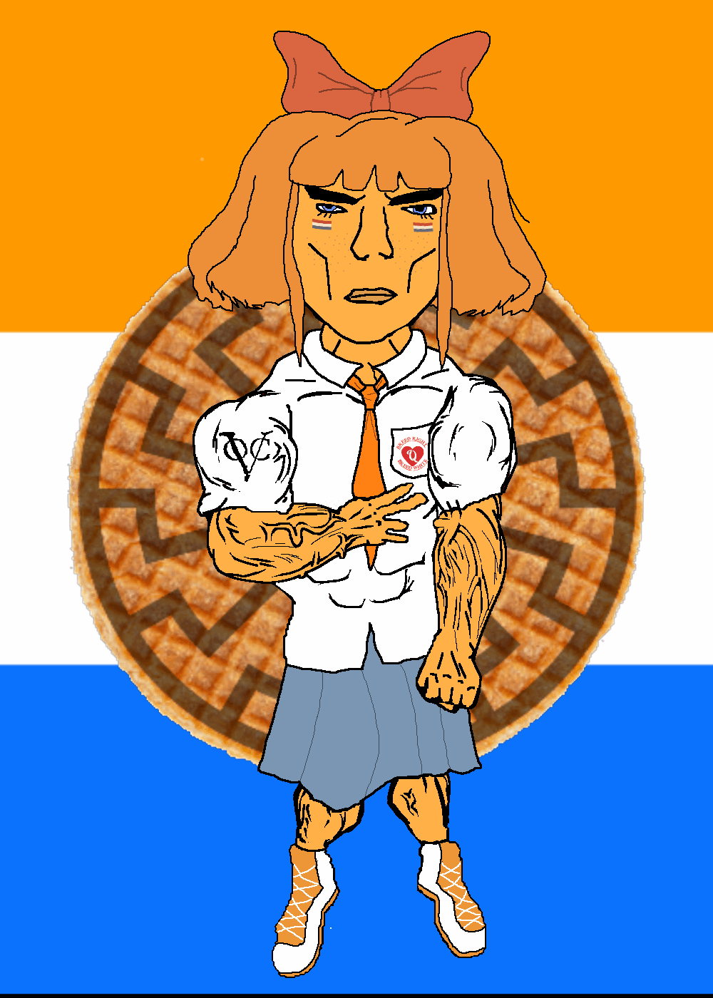 animated bowtie buff cartoon clothes female flag full_body mymy necktie netherlands ongezellig orange_hair orange_skin peace_sign queen_of_hearts skirt sonnenrad soyjak subvariant:chudjak_front tattoo variant:chudjak vein waffles // 1000x1400 // 3.6MB