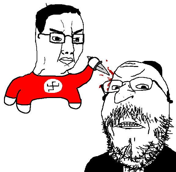 2soyjaks angry animated blood clenched_teeth clothes glasses hair hat holding_knife holding_object judaism kippah knife murder mustache soyjak stubble swastika variant:chudjak variant:gapejak // 576x565 // 23.6KB