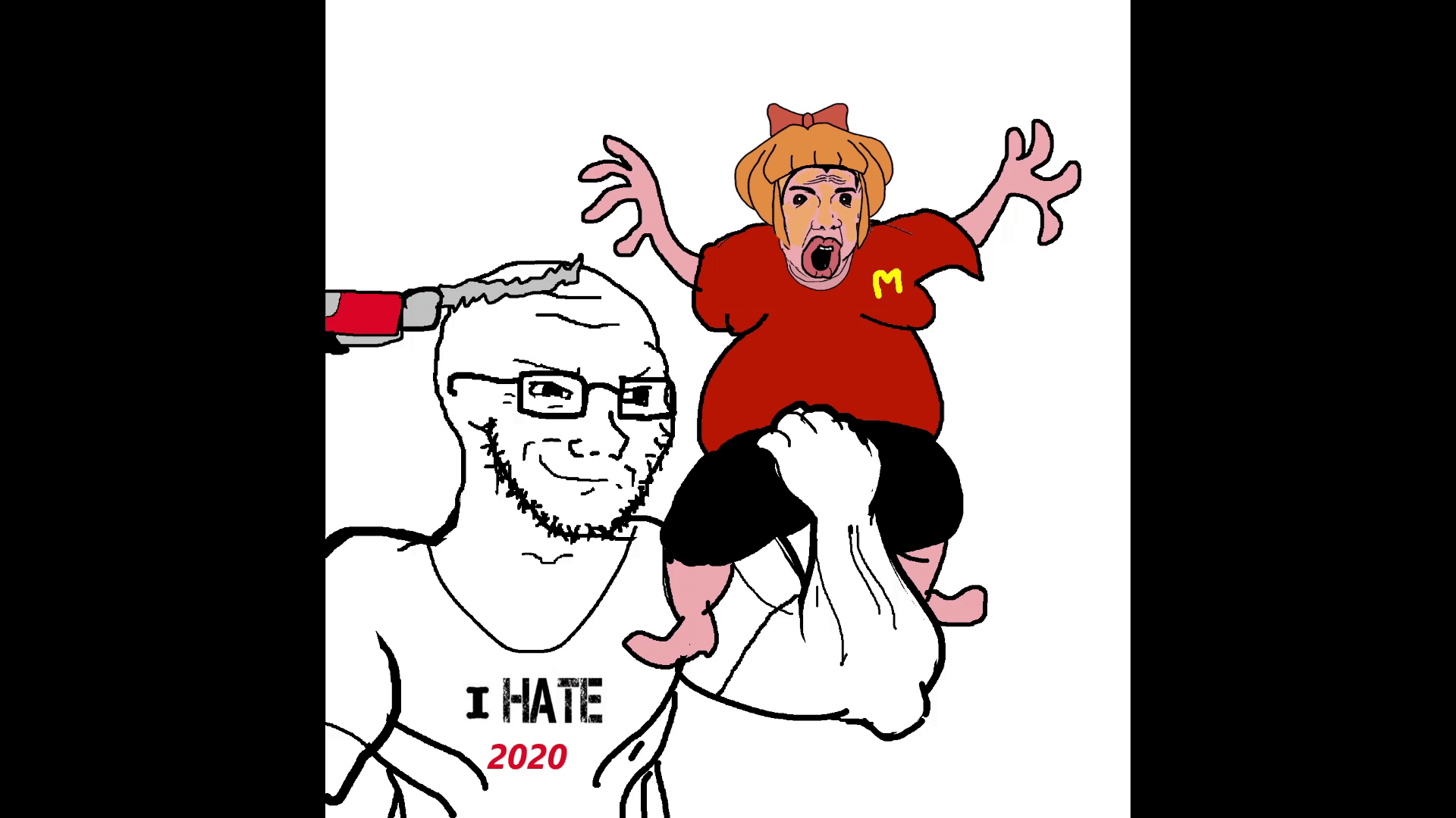 2020 amerimutt animated anti_ongezellig arm artist:romanian_schizo bisected blood bow bowtie brown_skin closed_mouth drill fat glasses gore hair hand holding_object i_hate mymy nikocado_avocado ongezellig open_mouth orange_hair smile smug soyjak stubble text variant:soyak // 1920x1080 // 762.1KB