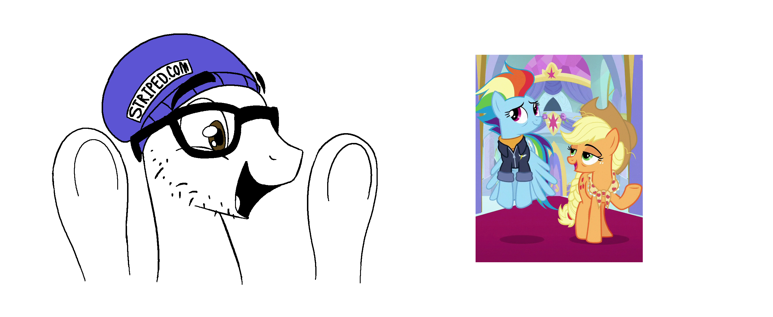 animated applejack arm beanie blacked brown_eyes clothes glasses hand hands_up hat himedanshi my_little_pony open_mouth pony rainbow_dash soy_parody soyjak stubble variant:excited_soyjak yuri // 2677x1100 // 281.4KB