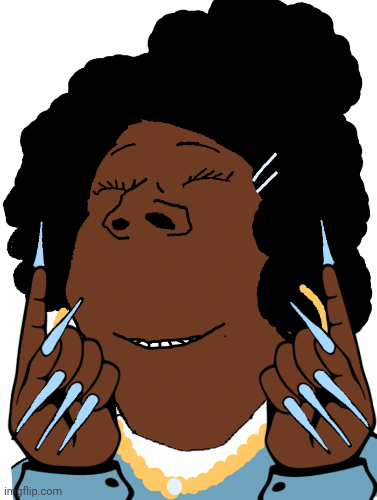 black_skin black_woman blue_shirt bouncing bun dance earrings ebonyrealwoman_(user) eyes_closed gold gold_chain hand imgflip.com joke meta:namefags meta:self_insert moving nails shaking smile subvariant:gapejak_female variant:gapejak woman // 377x500 // 95.0KB