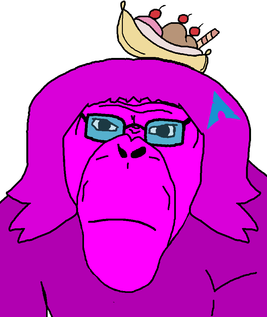 admin ape arch_linux banana_split_ice_cream chimpanzee ext=gif female glasses magenta_skin pink_skin primate purple_skin quote quote_(user) quote_admin variant:monkeyjak // 852x1012 // 43.8KB