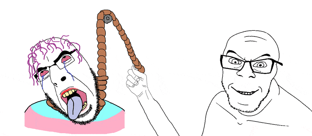 2soyjaks animated arm bloodshot_eyes crying dead flag glasses grin hair hand hanging holding_object makeup open_mouth purple_hair rope smile smirk soyjak spinning stubble suicide tongue tranny variant:cobson variant:feraljak yellow_teeth // 1000x437 // 59.6KB
