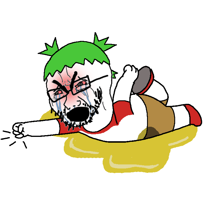 4chan angry animated anime bloodshot_eyes clothes crying fist full_body glasses green_hair hair open_mouth piss soyjak stubble tantrum urine variant:soyak yotsoyba // 700x700 // 124.4KB