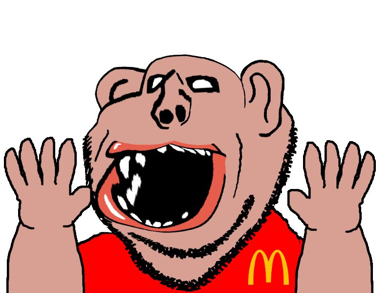 amerimutt animated arm black_sclera brown_skin distorted ear excited fat hand hands_up lips mcdonalds mutt open_mouth soyjak stubble subvariant:impish_amerimutt transparent_background variant:impish_soyak_ears // 800x600 // 79.4KB