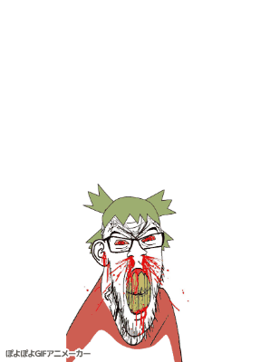 4chan animated anime approaching blood bloodshot_eyes clenched_teeth clothes cracked_teeth ear glasses green_hair hair japanese_text mustache nosebleed open_mouth poyopoyo seething soyjak stubble subvariant:feralrage text variant:feraljak vein yotsoyba zoomzoom // 298x400 // 975.0KB