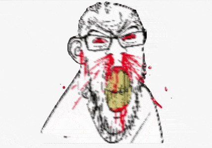 angry animated blood bloodshot_eyes clenched_teeth cracked_teeth distorted ear glasses liquid nosebleed oe_cake red_eyes soyjak stubble subvariant:feralrage thumbnail_bait variant:feraljak vein yellow_teeth // 428x300 // 2.0MB
