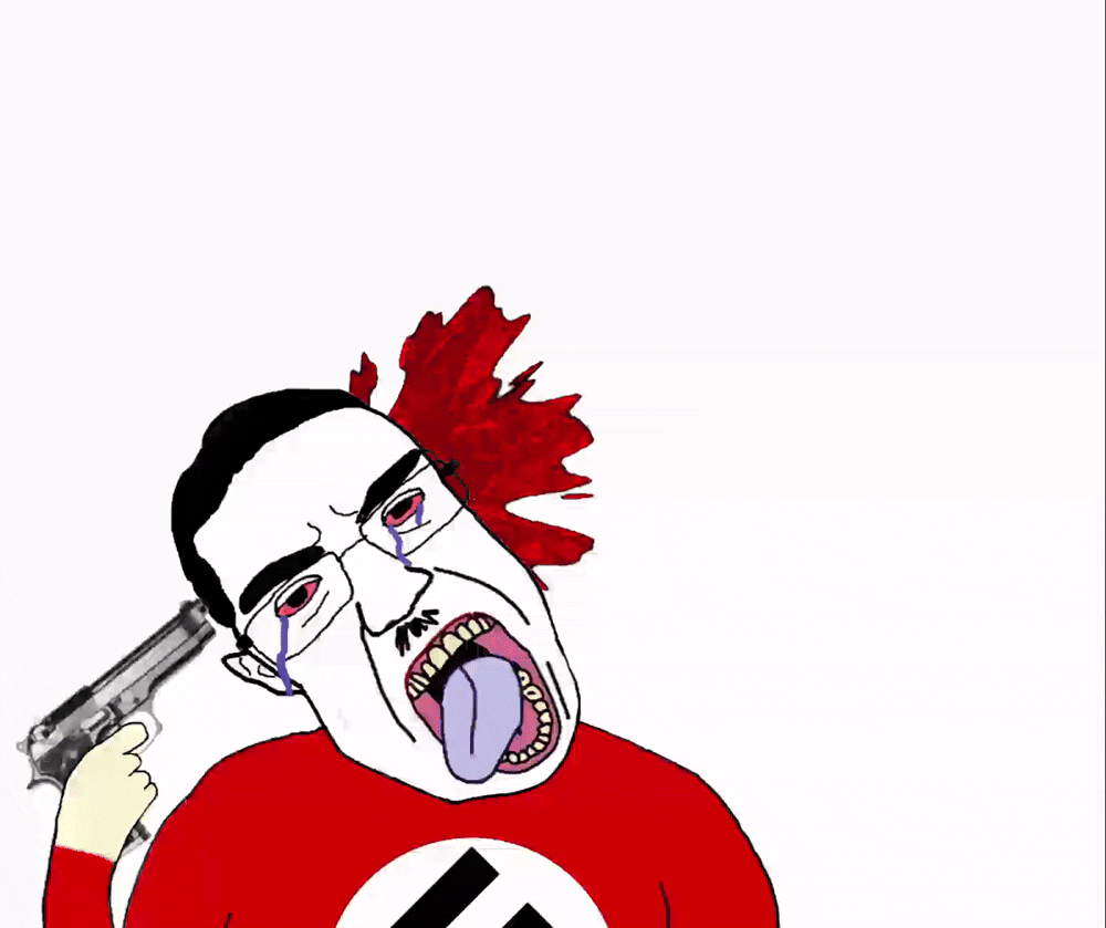 ack animated arm blood bloodshot_eyes crying dead firearm glasses gun hair hand holding_gun holding_object holding_pistol mustache nazism oe_cake open_mouth pistol pol_4chan shooting soyjak subvariant:patrick suicide swastika tongue total_cracker_death variant:chudjak video weapon // 1000x839 // 19.8MB