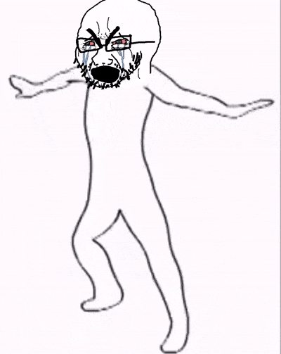 angry animated bloodshot_eyes crying dance ext=gif glasses keyframe loop meme rotoscoped stubble traced variant:cryboy_soyjak variant:soyak you_are_an_idiot // 400x503 // 550.3KB