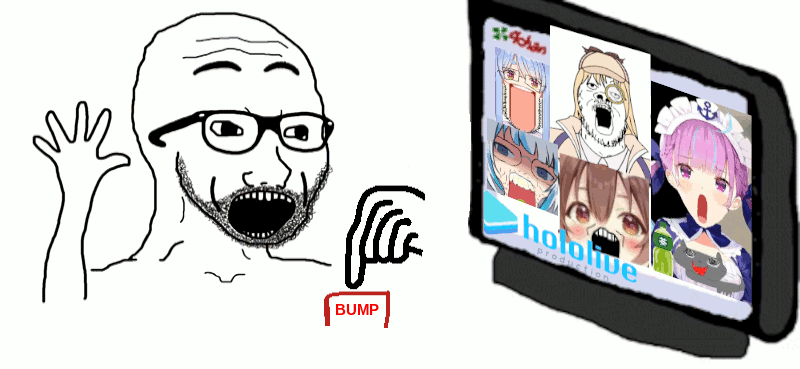 animated anime arm bump button excited gawr_gura glasses hand hands_up hololive inugami_korone luna open_mouth pekora screen shaking soyjak stubble text variant:excited_soyjak vtuber watson_amelia // 800x369 // 106.4KB