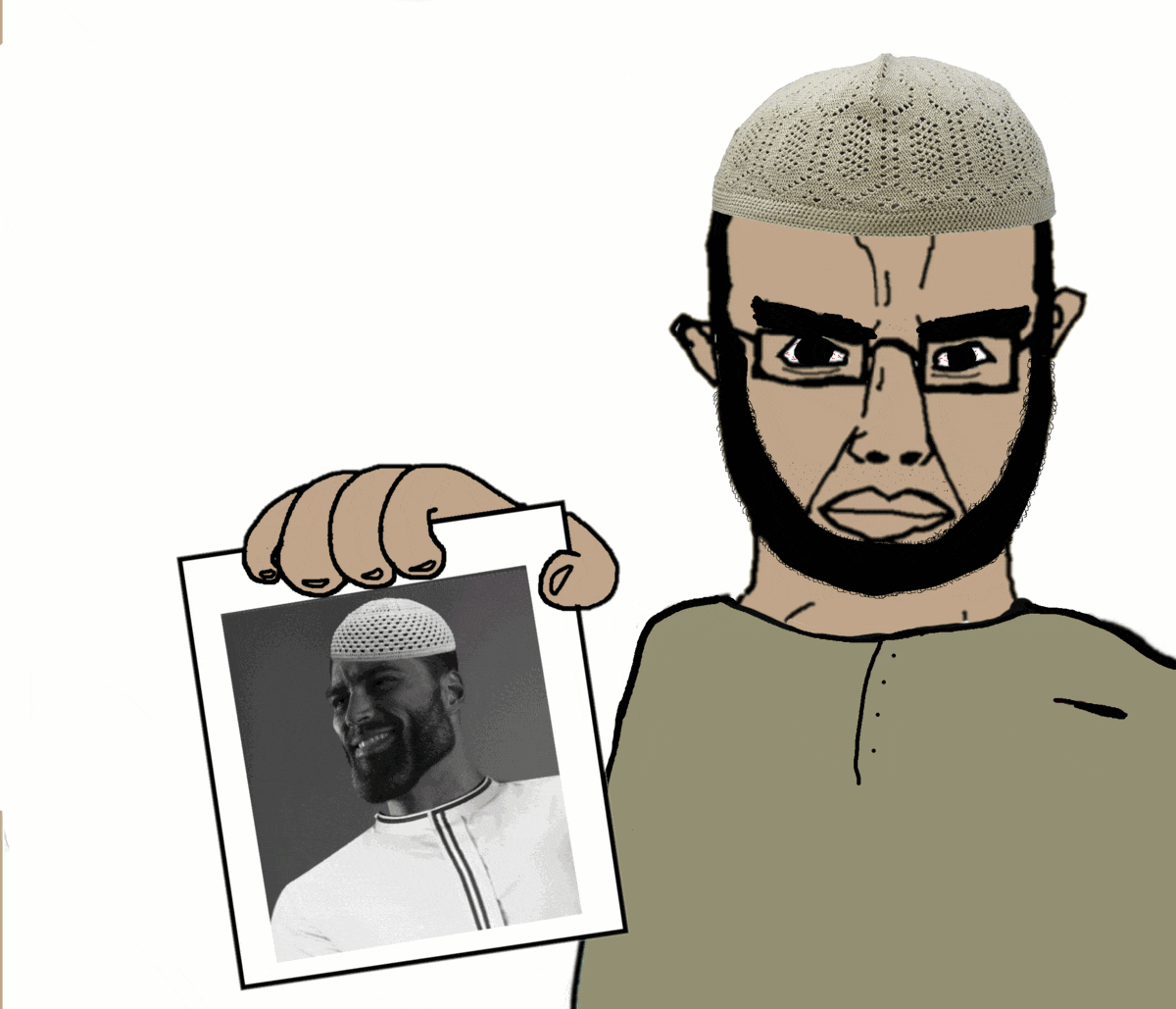 angry animated arab beard bloodshot_eyes brown_skin closed_mouth clothes ear gigachad glasses hand holding_object islam looking_at_you photo soyjak subvariant:chudjak_front taqiyah thick_eyebrows variant:chudjak // 1200x1029 // 674.2KB