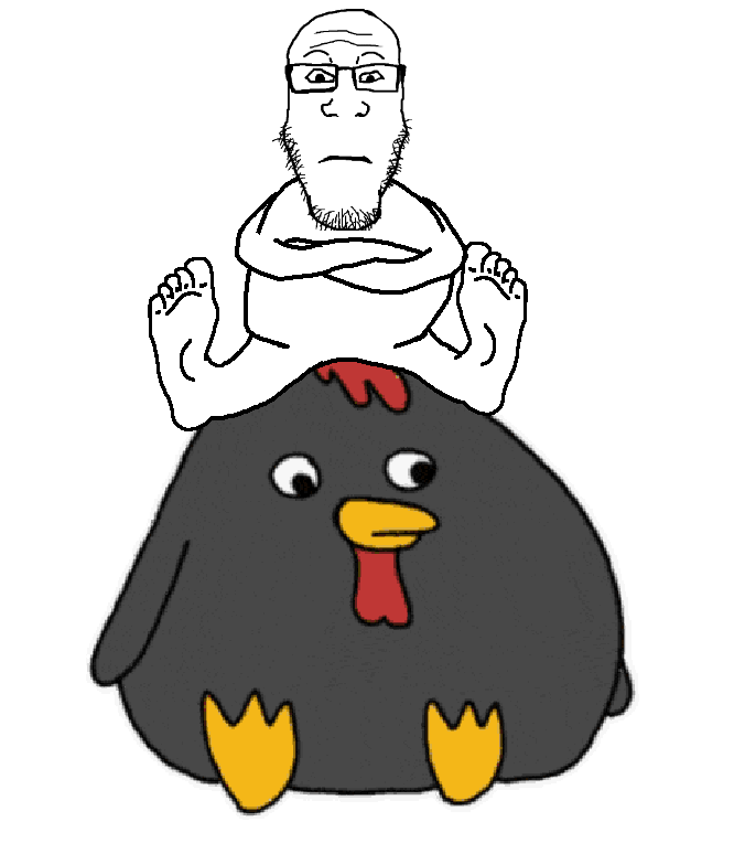 animal animated chicken crossed_arms flube full_body looking_at_you sitting subvariant:neutralplier variant:markiplier_soyjak // 666x774 // 218.6KB
