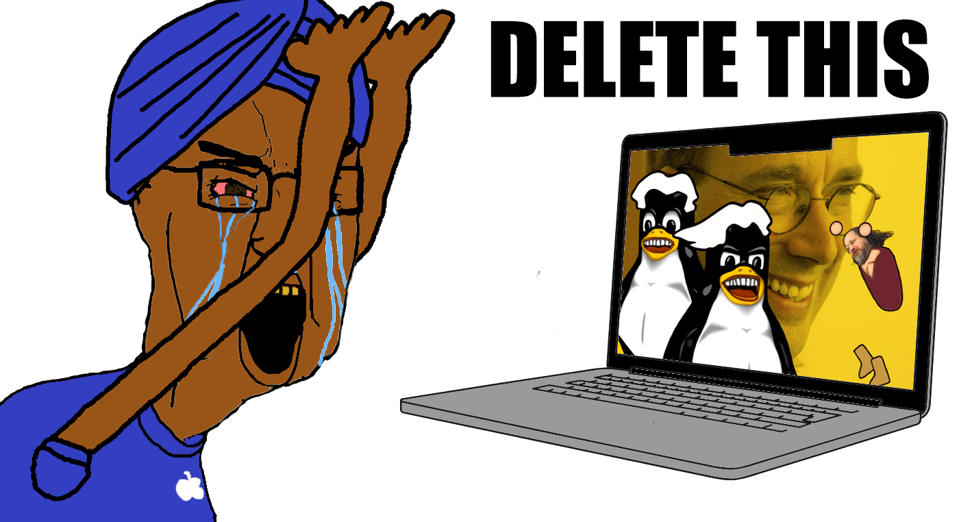 GNULinux Linus_Torvalds animated apple_(company) arm bloodshot_eyes brown_skin clothes computer crying delete_this g_(4chan) glasses hand hat indian laptop laughing linux open_mouth penguin richard_stallman soyjak technology text turban tux variant:chudjak yellow_teeth // 1400x762 // 160.4KB