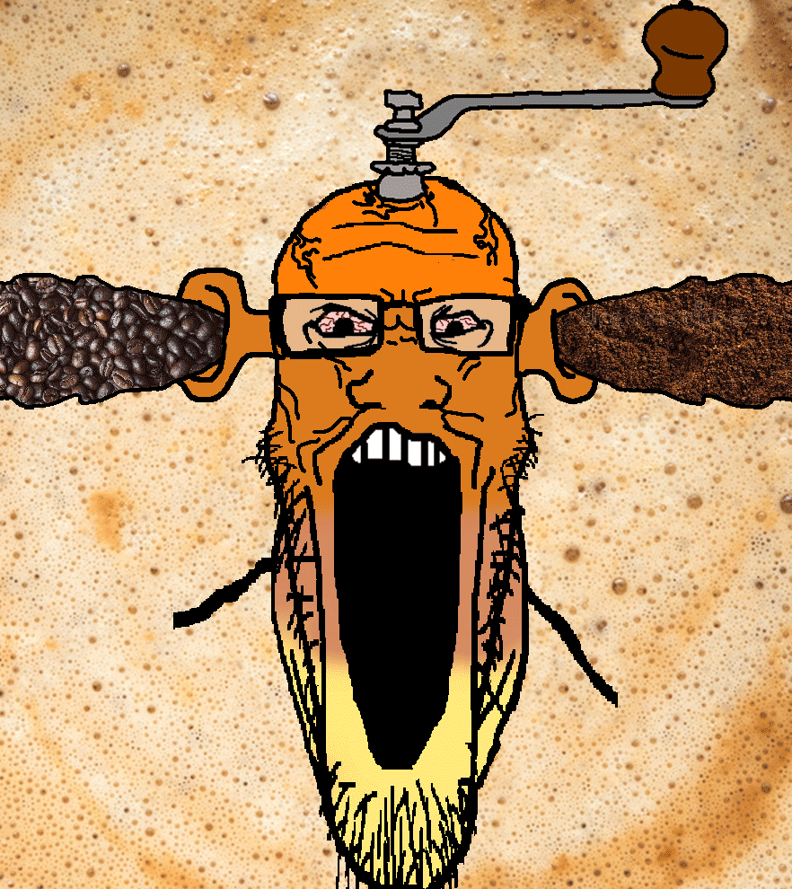 angry animated bloodshot_eyes brown_skin calm coffee coffee_beans ear espresso glasses ground_coffee handle ogre_ears open_mouth orange_skin soyjak stubble variant:markiplier_soyjak vein // 882x990 // 1003.8KB