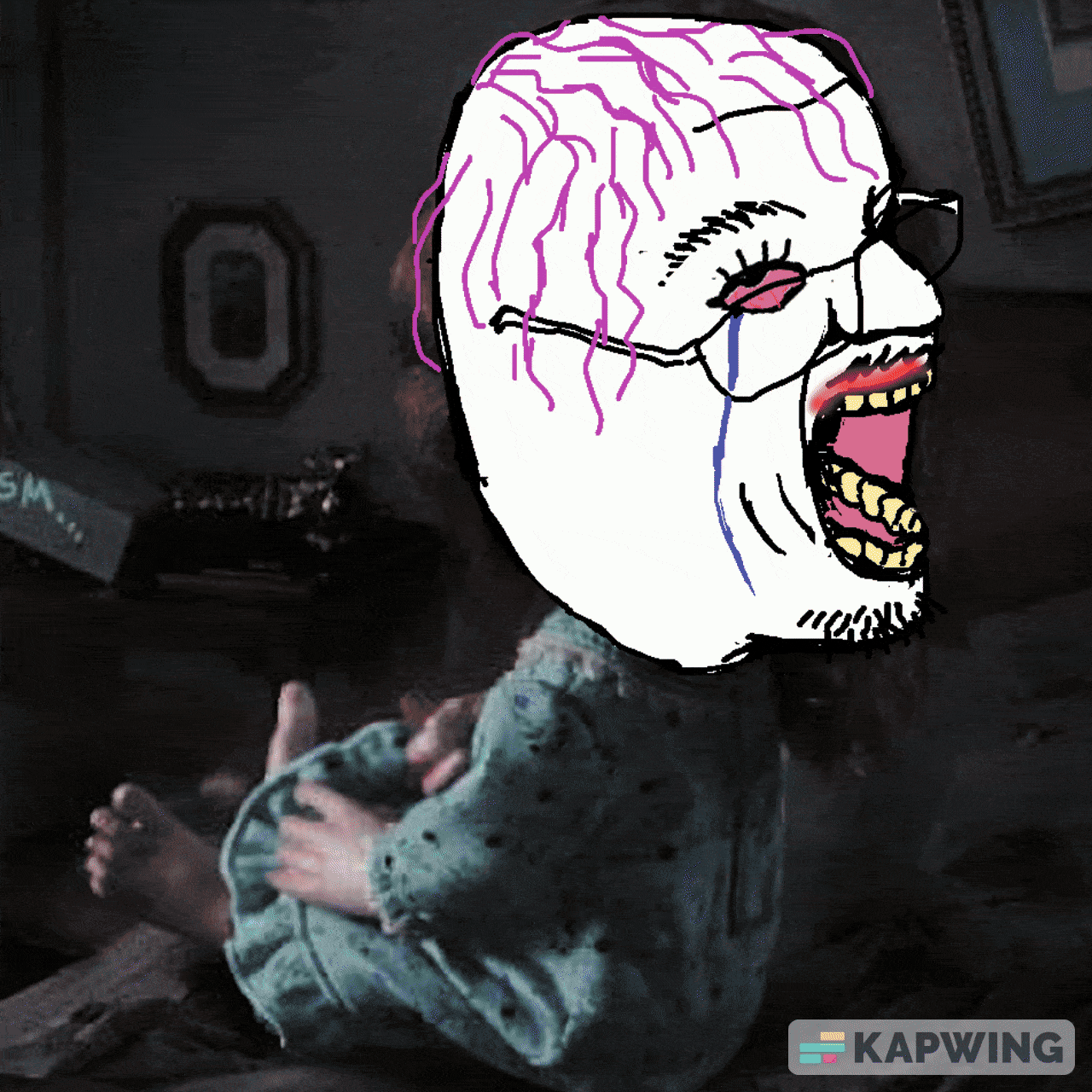 ack animated bedroom bloodshot_eyes crying glasses horror kapwing lipstick mustache open_mouth original_content possessed purple_hair regan_macneil soyjak spinning stubble the_exorcist tongue tranny variant:bernd yellow_teeth // 1280x1280 // 658.4KB