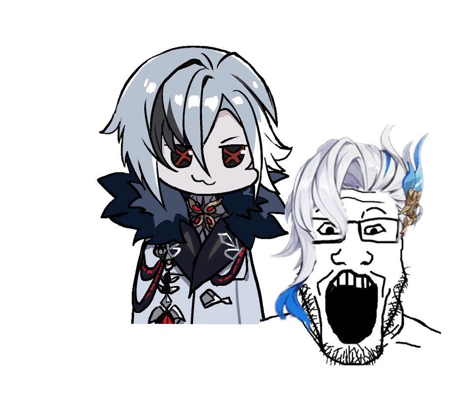 :3 animated anime arlecchino beheaded blood chibi clothes dead death dismembered female genshin_impact glasses hair neuvillette open_mouth scythe stubble teeth variant:markiplier_soyjak weapon // 948x825 // 2.0MB