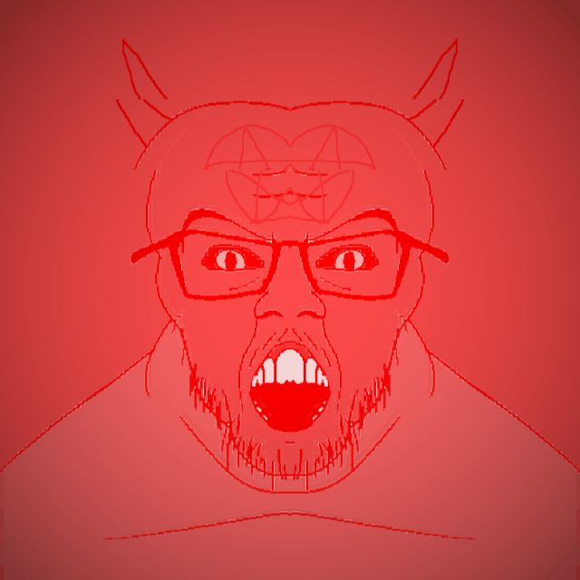 angry animated demon glasses green_eyes horn mirrored monster mustache open_mouth pentagram red_skin satanism soyjak star stubble variant:feraljak yellow_teeth // 640x640 // 8.7MB