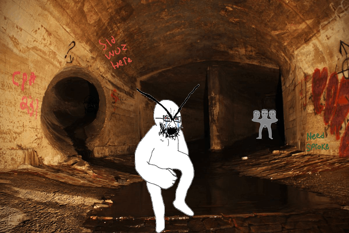 2soyjaks angry animated antenna arm bloodshot_eyes closed_mouth crying dance full_body glasses hand irl_background large_eyebrows leg open_mouth selfish_little_fuck sewer soyjak stubble undercity variant:chudjak variant:cryboy_soyjak // 1200x800 // 1.4MB