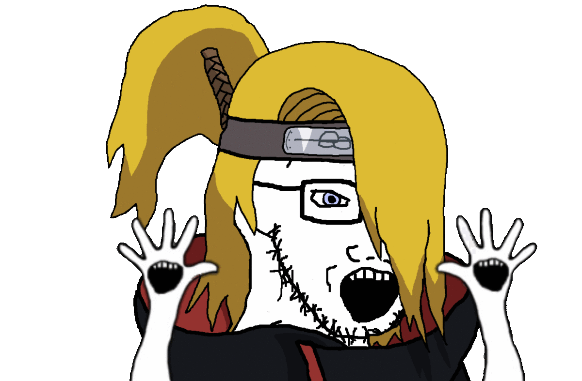akatsuki akatsuki_uniform animated anime arm artist:hellcat blue_eyes cloak clothes deidara_(naruto) forehead_protector glasses hair hand hands_up headband iwagakure_symbol long_hair multiple_mouths naruto_(series) open_mouth ponytail soyjak stubble variant:soyak yellow_hair // 1200x787 // 220.3KB