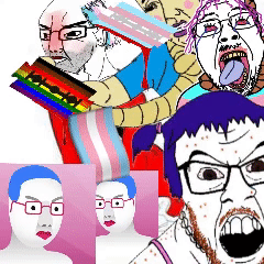 abby_choke acne animated balding beard blood bloodshot_eyes blue_hair glasses globohomo lgbt lipstick modern_art multiple_soyjaks open_mouth purple_hair razorblade spinning tranny variant:bernd variant:chudjak variant:feraljak // 240x240 // 366.9KB