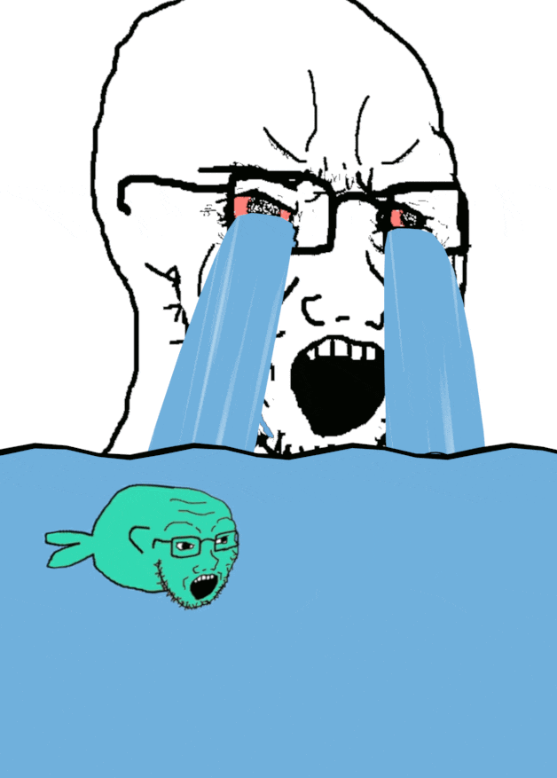 3soyjaks animal animated bloodshot_eyes cry_me_a_river crying fish glasses open_mouth soyjak stubble tail variant:soyak water // 628x877 // 1.7MB