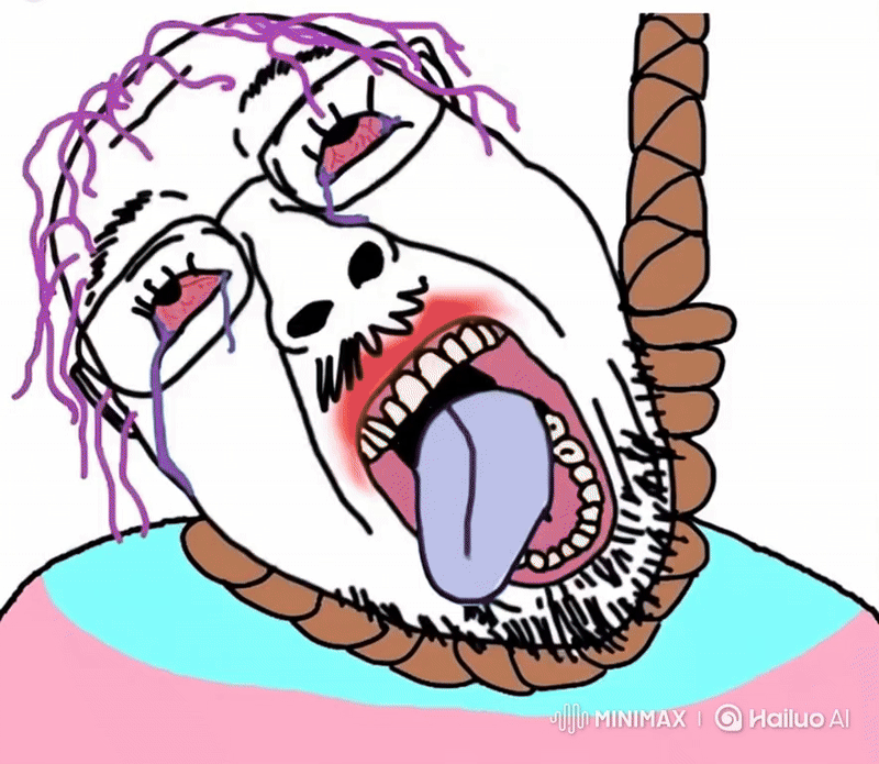 ack animated beard bloodshot_eyes clothes crying detrans ext=gif glasses hailou_ai hanging irl meta:ai_generated meta:not_oc minimax open_mouth purple_hair red_eyes rope soyjak suicide suit tear tongue tranny transformation troon variant:bernd yellow_teeth // 800x695 // 14.2MB