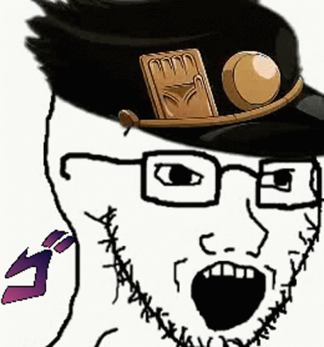 animated anime clothes glasses hat japanese_text jojos_bizarre_adventure kujo_jotaro open_mouth soyjak stubble variant:soyak // 465x498 // 301.0KB