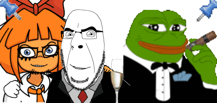 2soyjaks animated beer blue_eyes cigar clothes ext=gif friendship frog glass glasses green_skin hand happy holding_object looking_at_you mymy necktie no_more_brother_wars ongezellig orange_skin pepe smile smoking soyjak sticky stubble suit tuxedo variant:cobson variant:feraljak // 700x334 // 1.9MB