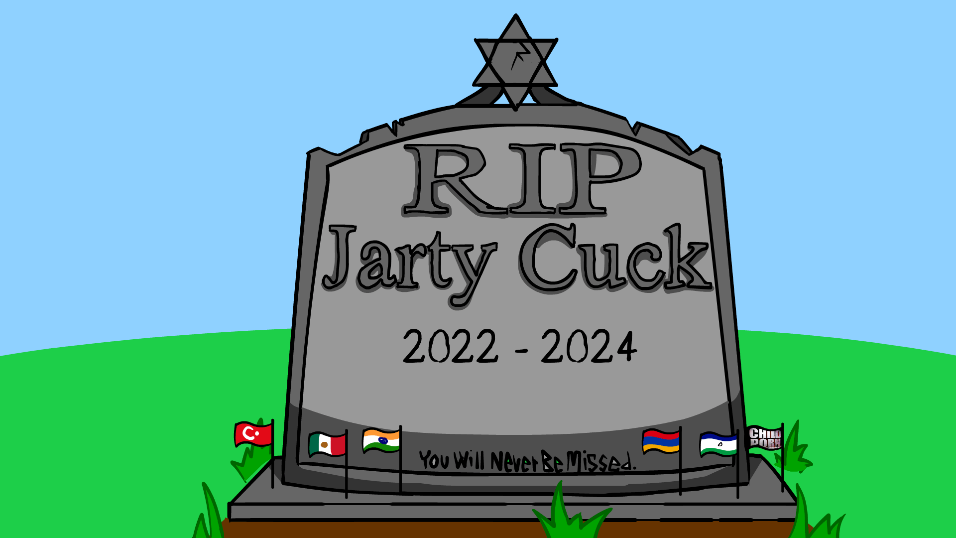 armenia child_sexual_abuse_material flag flag:armenia flag:child_porn flag:india flag:lesotho flag:mexico flag:turkiye grass grave gravestone india jakparty_soy jartycuck lesotho meta:nas meta:the_end_of_jarty mexico no_soyjak rest_in_peace rip tombstone turkiye // 1920x1080 // 1.2MB