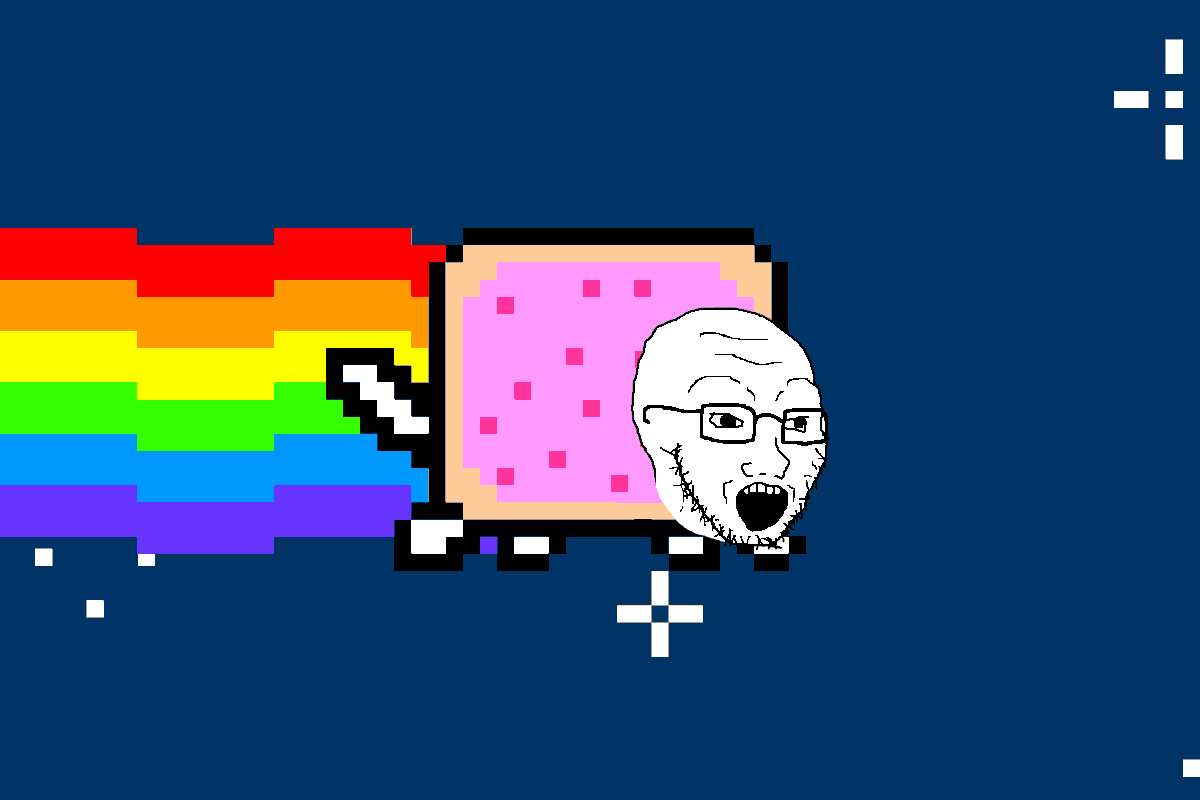 animal animated cat flying glasses looking_to_the_right no_ears nose nyan_cat open_mouth paw paws rainbow space star stubble tail teeth_showing variant:soyak white_skin // 1200x800 // 121.8KB