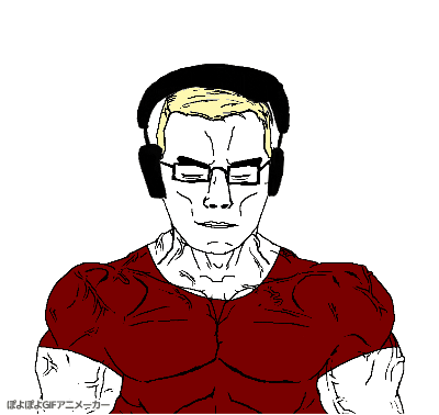 animated blond blue_eyes bouncing buff headphones muscles muscular_male music poyopoyo red_shirt variant:chudjak // 400x378 // 265.6KB