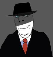 blue_eyes closed_mouth clothes darkness glasses hat necktie smile smug soyjak stubble subvariant:nucob suit variant:cobson // 825x897 // 22.2KB
