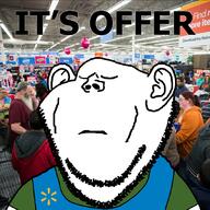 balloon blue_shirt closed_eyes closed_mouth clothes ear employee frown irl_background its_over logo market minnie_mouse offer pun shopkins sign stubble supermarket text variant:impish_soyak_ears wagie walmart // 852x852 // 623.1KB