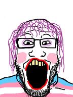 blush flag flag:transgender_pride_flag glasses hair lipstick looking_at_you makeup open_mouth purple_hair stubble teeth teeth_showing tranny troon variant:markiplier_soyjak yellow_teeth // 600x800 // 16.3KB