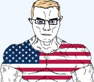 arm aryan blond blue_eyes buff chud closed_mouth clothes flag flag:united_states glasses hair soyjak star_(symbol) subvariant:chudjak_front subvariant:muscular_chud transparent_background tshirt united_states variant:chudjak vein yellow_hair // 1059x929 // 122.8KB