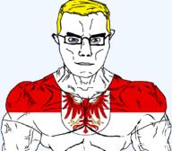 arm blue_eyes brandenburg buff closed_mouth clothes eagle flag flag:brandenburg germany glasses hair soyjak subvariant:chudjak_front subvariant:muscular_chud transparent transparent_background tshirt variant:chudjak vein yellow_hair // 1059x929 // 129.9KB