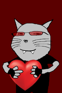 animal body cat cat_ear clothes glasses grey_skin heart holding_heart looking_to_the_right meta:namefags nose quickslaughter_(namefag) red_background red_glasses sharp_teeth smile smug subvariant:massjak subvariant:massmeowjak teeth variant:gapejak whisker // 676x1021 // 87.1KB