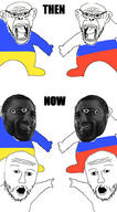 2soyjaks arm country ear flag full_body gigachad glasses hand leg mask open_mouth pointing russia russo_ukrainian_war soyjak stubble text ukraine variant:monkeyjak variant:two_pointing_soyjaks // 1000x1805 // 207.5KB