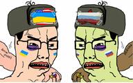 2soyjaks brown_skin buff china clothes cyrillic_text face_paint flag flag:russia flag:ukraine flag:united_states frown glasses hair hand hat holding_object ring russia russo_ukrainian_war soyjak star tape text turkiye ukraine united_states ushanka variant:chudjak vein white_skin yellow_skin // 1024x638 // 96.3KB