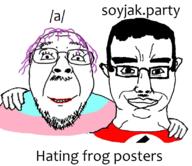 2soyjaks a_(4chan) chud_troon_alliance closed_mouth clothes ear friendship glasses hair hand mustache nazism pink_hair purple_hair smile soyjak soyjak_party stubble subvariant:chudjak_front swastika text tranny variant:bernd variant:chudjak // 799x692 // 309.3KB