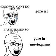 2soyjaks black_and_white bloodshot_eyes comic crying glasses gore irl open_mouth rifle stubble text thing_japanese variant:soyak // 1000x1000 // 195.9KB