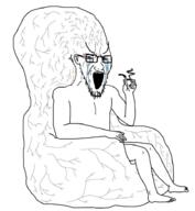 arm big_brain bloodshot_eyes crying ear full_body glasses hand holding_object leg open_mouth pipe sitting smoke soyjak stretched_mouth stubble variant:soyak // 846x920 // 318.6KB