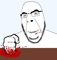 blood fist glasses gore hand looking_down smile soyjak stubble variant:cobson // 868x910 // 213.7KB