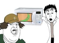 3soyjaks anime arm banana brown_hair cap clothes coat glasses hair hand hat microwave open_mouth pointing smile soyjak steins_gate stubble subvariant:emmanuel variant:fatjak variant:two_pointing_soyjaks // 1500x1105 // 492.2KB