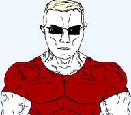 aryan blond buff clothes cool glasses red_shirt smirk subvariant:muscular_chud sunglasses variant:chudjak // 1059x929 // 31.8KB