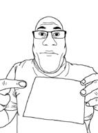 bald balding closed_mouth clothes glasses hand holding_object neutral pointing sign subvariant:nuplier template tshirt variant:markiplier_soyjak white_background // 676x913 // 8.9KB